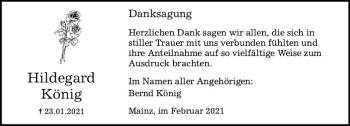 Traueranzeige von Hildegard König von vrm-trauer