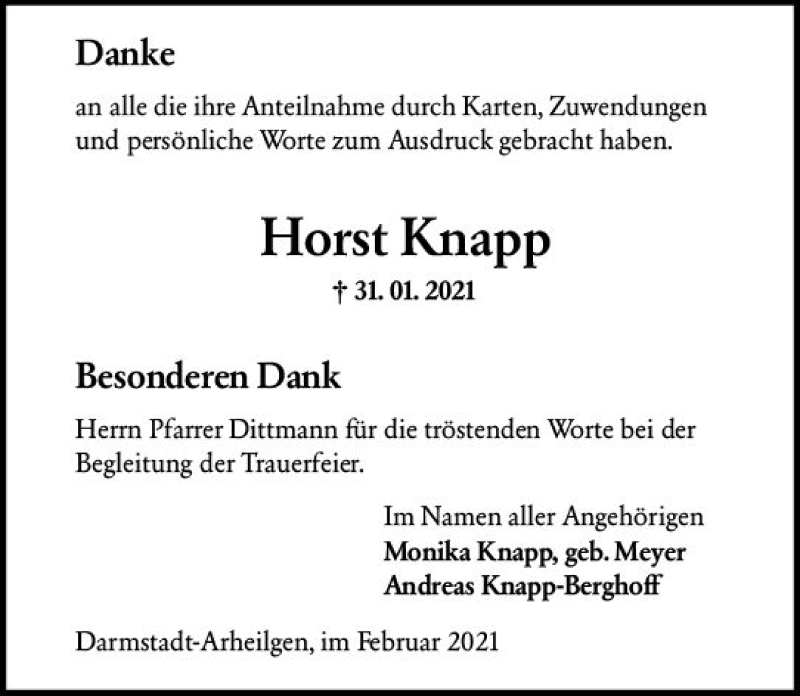  Traueranzeige für Horst Knapp vom 27.02.2021 aus vrm-trauer