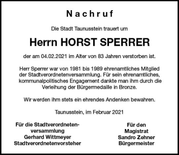 Traueranzeige von Horst Sperrer von vrm-trauer