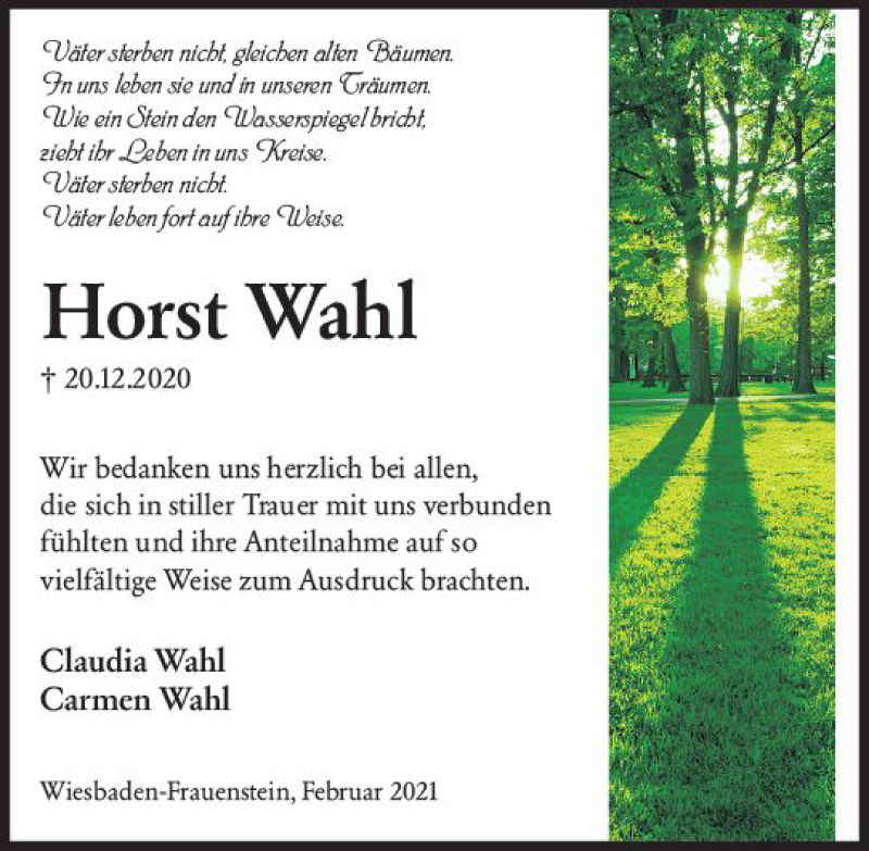  Traueranzeige für Horst Wahl vom 06.02.2021 aus vrm-trauer