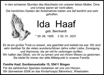 Traueranzeige von Ida Haaf von vrm-trauer