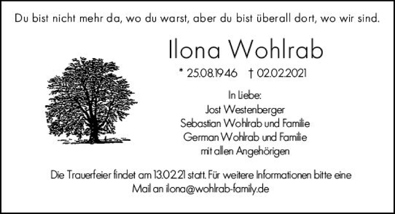  Traueranzeige für Ilona Wohlrab vom 08.02.2021 aus vrm-trauer