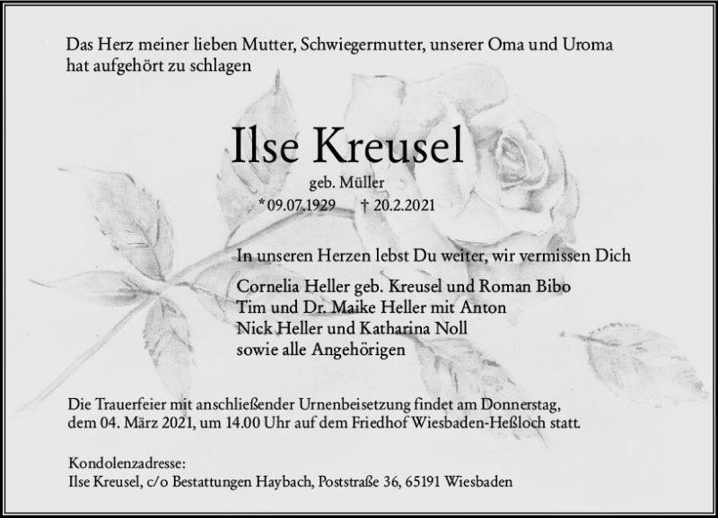  Traueranzeige für Ilse Kreusel vom 27.02.2021 aus vrm-trauer