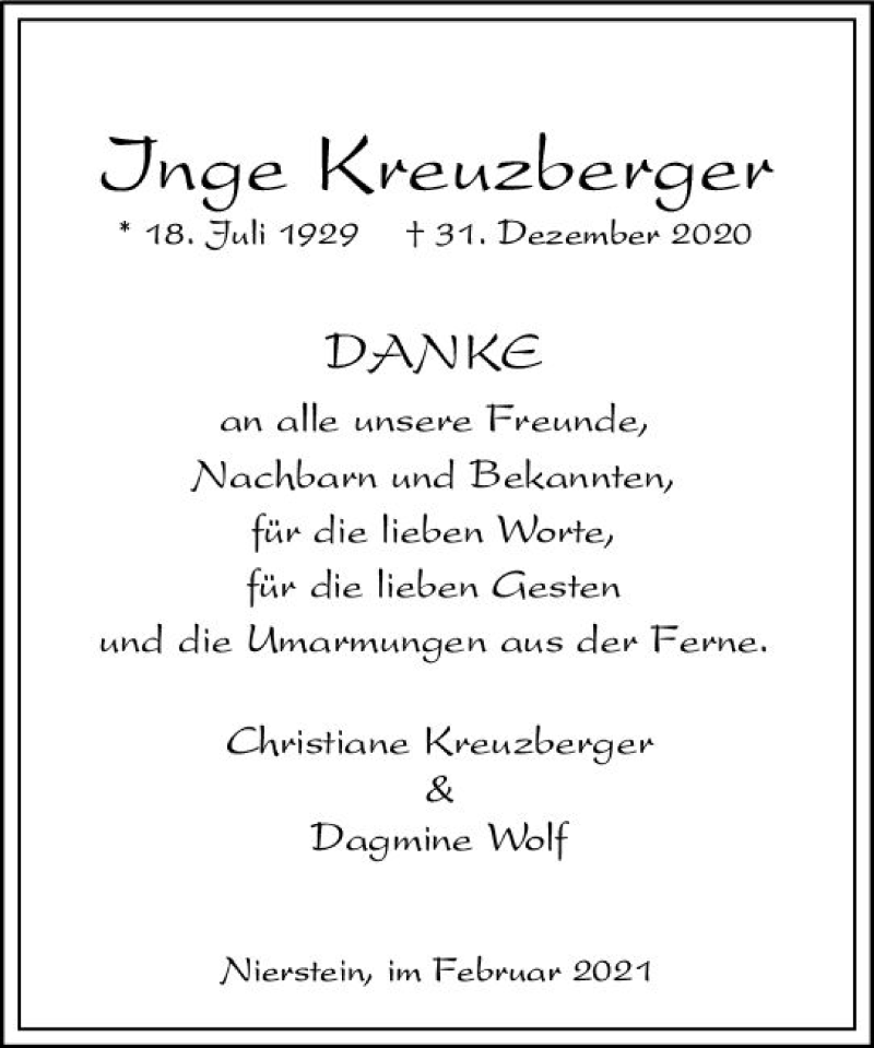  Traueranzeige für Inge Kreuzberger vom 06.02.2021 aus vrm-trauer