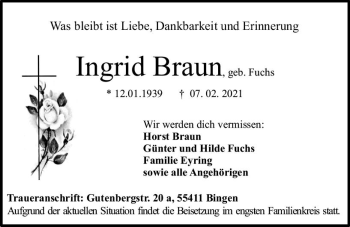 Traueranzeige von Ingrid Braun von vrm-trauer