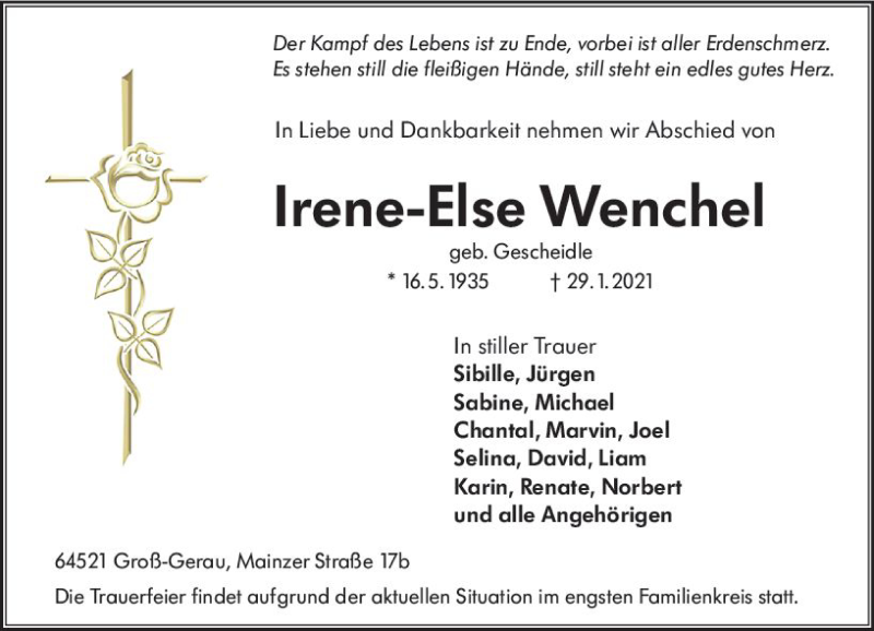  Traueranzeige für Irene-Else Wenchel vom 06.02.2021 aus vrm-trauer