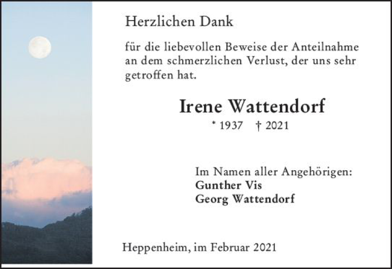  Traueranzeige für Irene Wattendorf vom 17.02.2021 aus vrm-trauer
