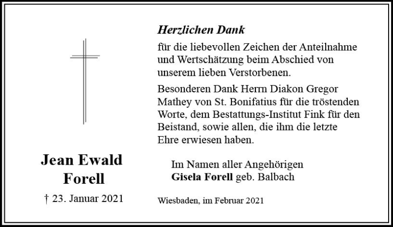  Traueranzeige für Jean Ewald Forell vom 13.02.2021 aus vrm-trauer
