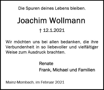 Traueranzeige von Joachim Wollmann von vrm-trauer