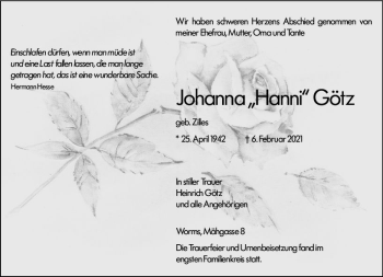 Traueranzeige von Johanna Götz von vrm-trauer