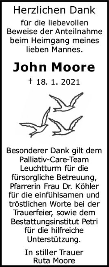 Traueranzeige von John Moore von vrm-trauer