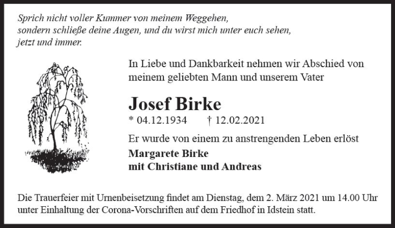  Traueranzeige für Josef Birke vom 20.02.2021 aus vrm-trauer