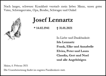 Traueranzeige von Josef Lennartz von vrm-trauer