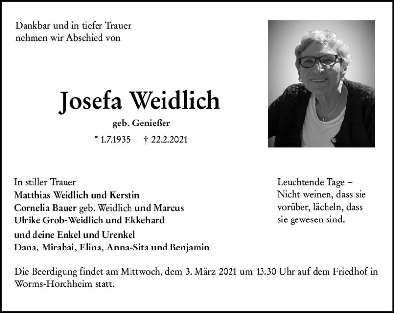  Traueranzeige für Josefa Weidlich vom 27.02.2021 aus vrm-trauer