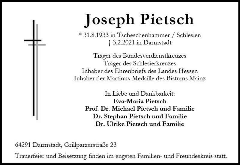  Traueranzeige für Joseph Pietsch vom 10.02.2021 aus vrm-trauer