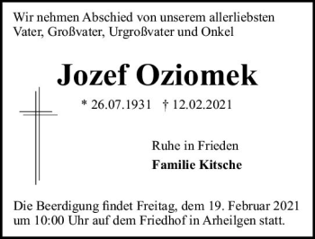 Traueranzeige von Jozef Oziomek von vrm-trauer
