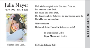 Traueranzeige von Julia Mayer von vrm-trauer