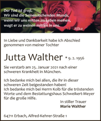 Traueranzeige von Jutta Walther von vrm-trauer