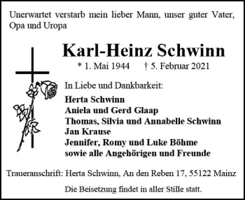 Traueranzeige von Karl-Heinz Schwinn von vrm-trauer