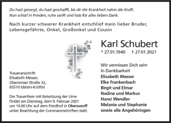Traueranzeige von Karl Schubert von vrm-trauer