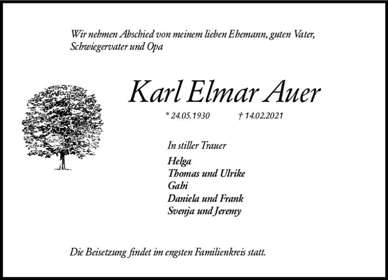  Traueranzeige für Karl Elmar Auer vom 20.02.2021 aus vrm-trauer