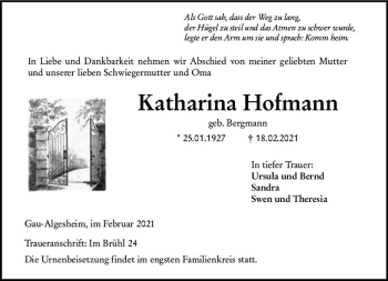 Traueranzeige von Katharina Hofmann von vrm-trauer