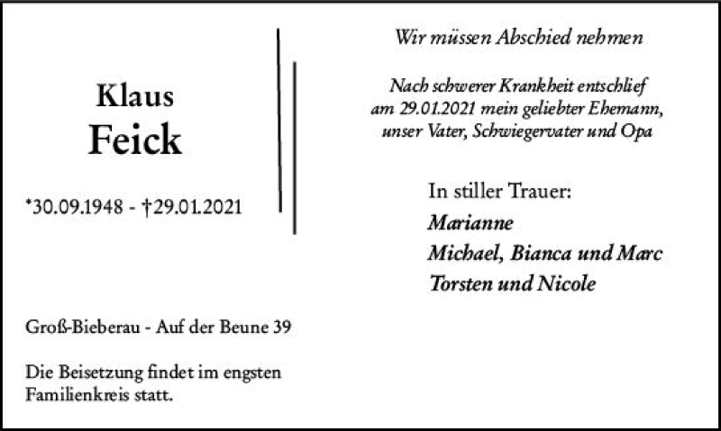  Traueranzeige für Klaus Feick vom 06.02.2021 aus vrm-trauer