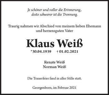 Traueranzeige von Klaus Weiß von vrm-trauer