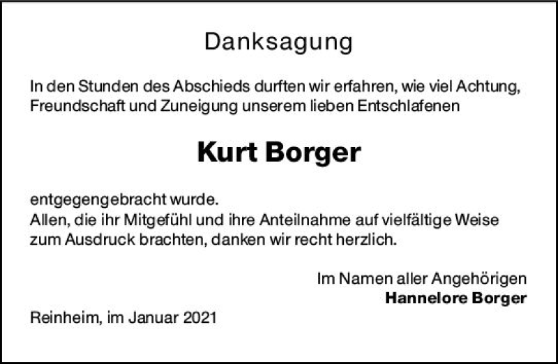  Traueranzeige für Kurt Borger vom 06.02.2021 aus vrm-trauer