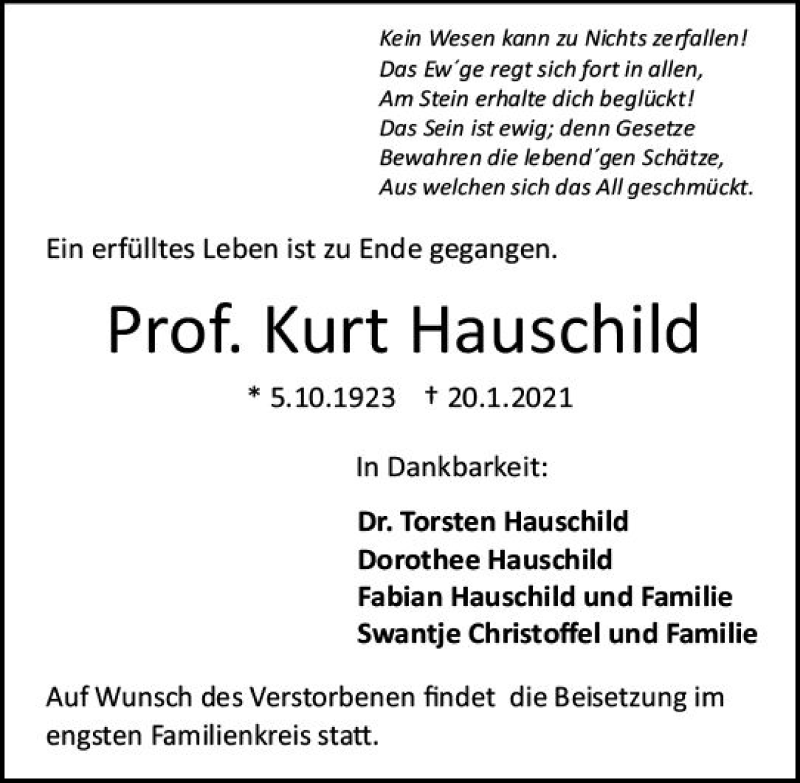  Traueranzeige für Kurt Hauschild vom 06.02.2021 aus vrm-trauer