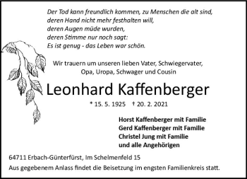 Traueranzeige von Leonhard Kaffenberger von vrm-trauer