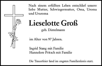 Traueranzeige von Lieselotte Groß von vrm-trauer