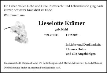 Traueranzeige von Lieselotte Krämer von vrm-trauer