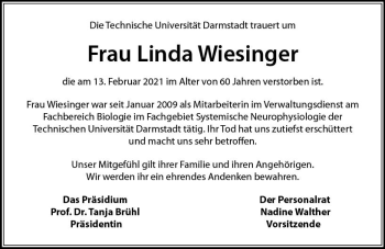 Traueranzeige von Linda Wiesinger von vrm-trauer