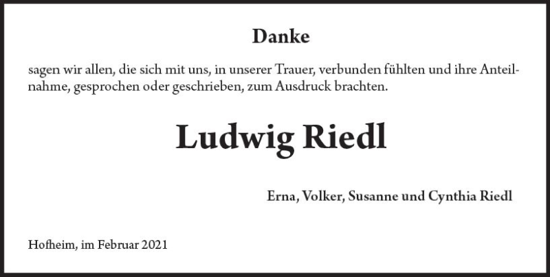  Traueranzeige für Ludwig Riedl vom 19.02.2021 aus vrm-trauer