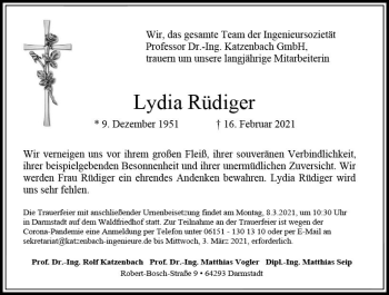 Traueranzeige von Lydia Rüdiger von vrm-trauer