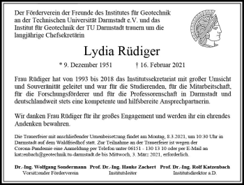 Traueranzeige von Lydia Rüdiger von vrm-trauer