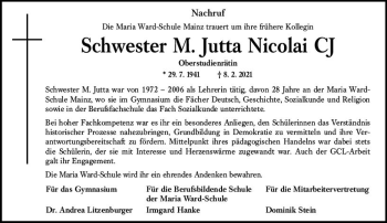 Traueranzeige von M. Jutta Nicolai von vrm-trauer