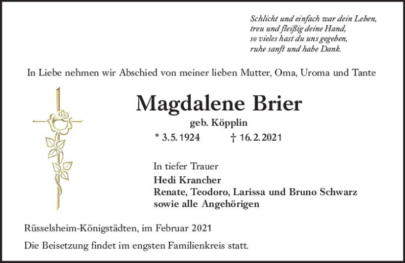  Traueranzeige für Magdalene Brier vom 20.02.2021 aus vrm-trauer
