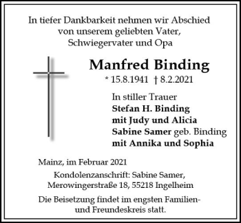 Traueranzeige von Manfred Binding von vrm-trauer