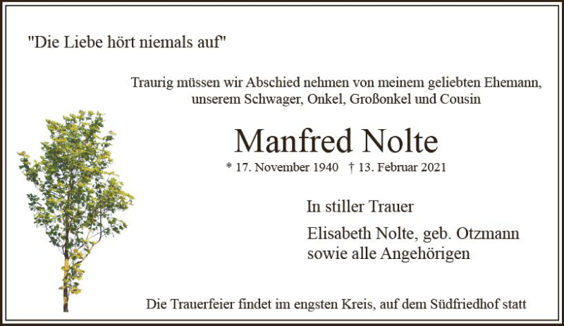  Traueranzeige für Manfred Nolte vom 20.02.2021 aus vrm-trauer