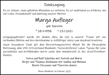 Traueranzeige von Marga Aufleger von vrm-trauer