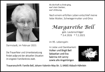 Traueranzeige von Margarethe Bell von vrm-trauer