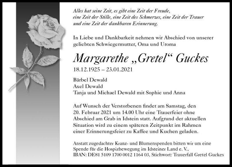  Traueranzeige für Margarethe Guckes vom 13.02.2021 aus vrm-trauer