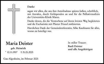 Traueranzeige von Maria Deister von vrm-trauer