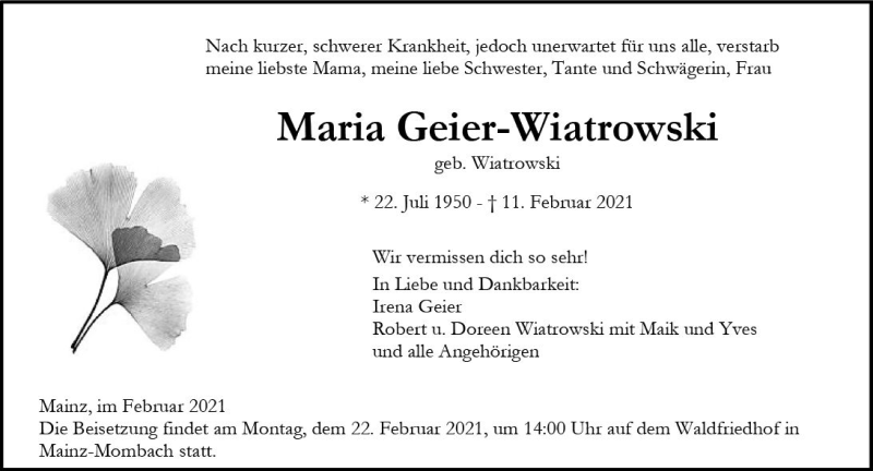  Traueranzeige für Maria Geier-Wiatrowski vom 17.02.2021 aus vrm-trauer