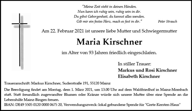 Traueranzeige für Maria Kirschner vom 27.02.2021 aus vrm-trauer