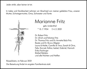 Traueranzeige von Marianne Fritz von vrm-trauer