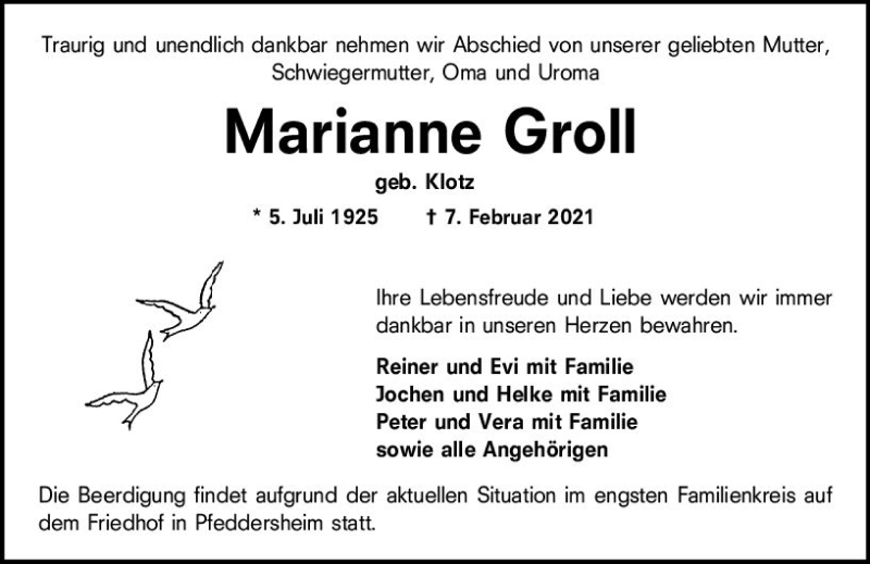  Traueranzeige für Marianne Groll vom 10.02.2021 aus vrm-trauer