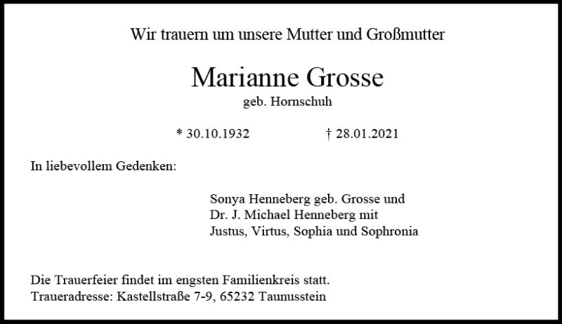  Traueranzeige für Marianne Grosse vom 06.02.2021 aus vrm-trauer